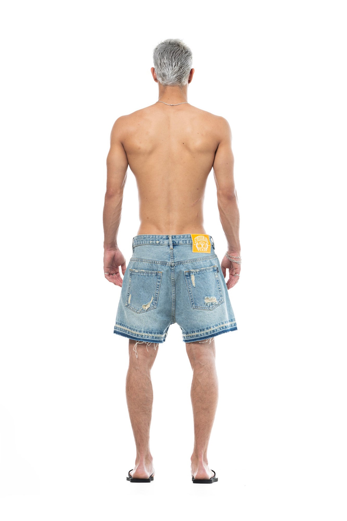 SS26 Distressed Wide-Leg Denim Shorts for men, from STRESS MAMA, The Nam Concept